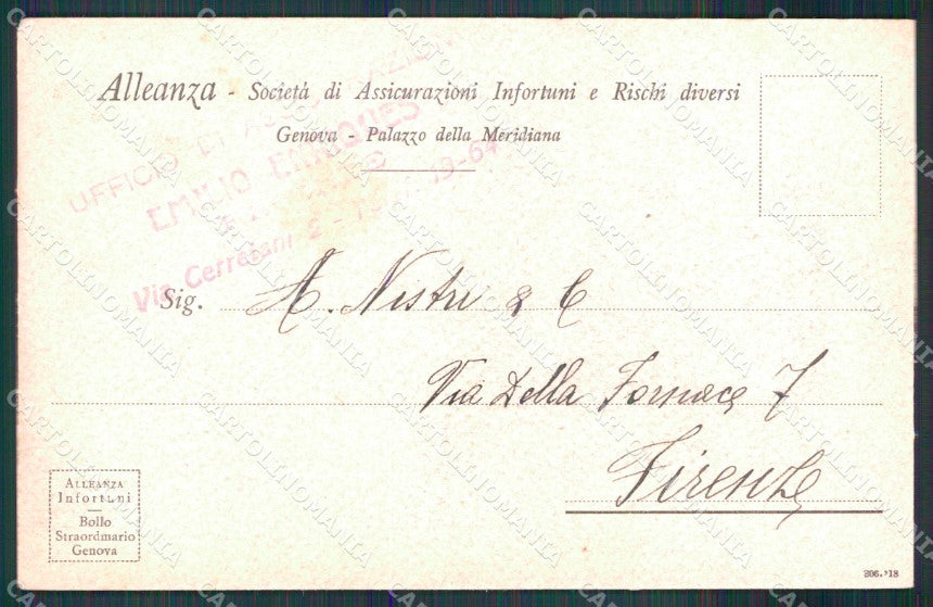 WW1 WWI Propaganda Assicurazioni Alleanza Genova Duca Connaught cartolina XB5892 – retro