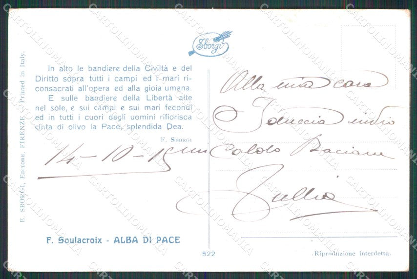 WW1 WWI Propaganda Pax Alba di Pace Soulacroix Sborgi cartolina XB5967 – retro