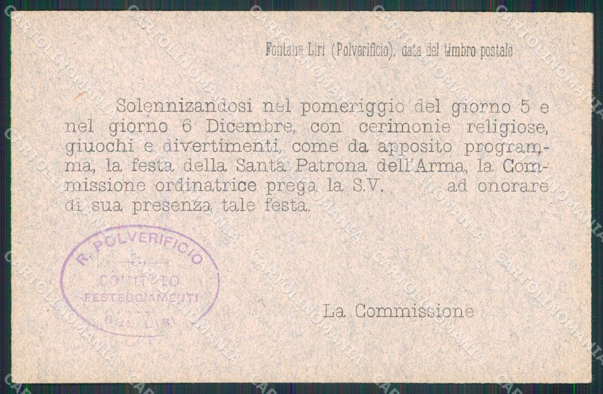 Militari Regio Polverificio Liri Santa Barbara Festeggiamenti cartolina XB6240 – retro