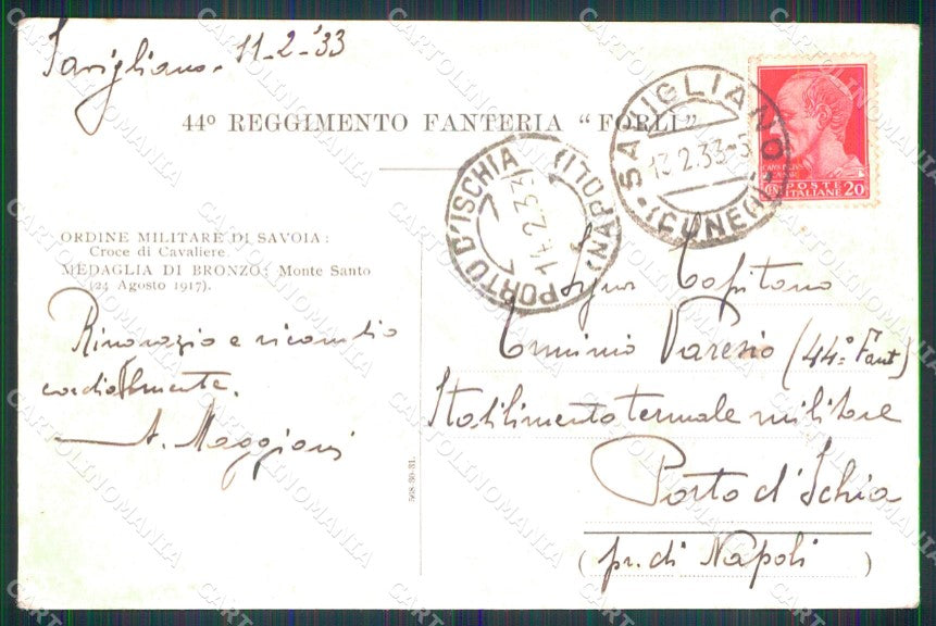 Militari 44° Reggimento Fanteria Forlì Tricolore Trincea 1933 cartolina XB6279 – retro