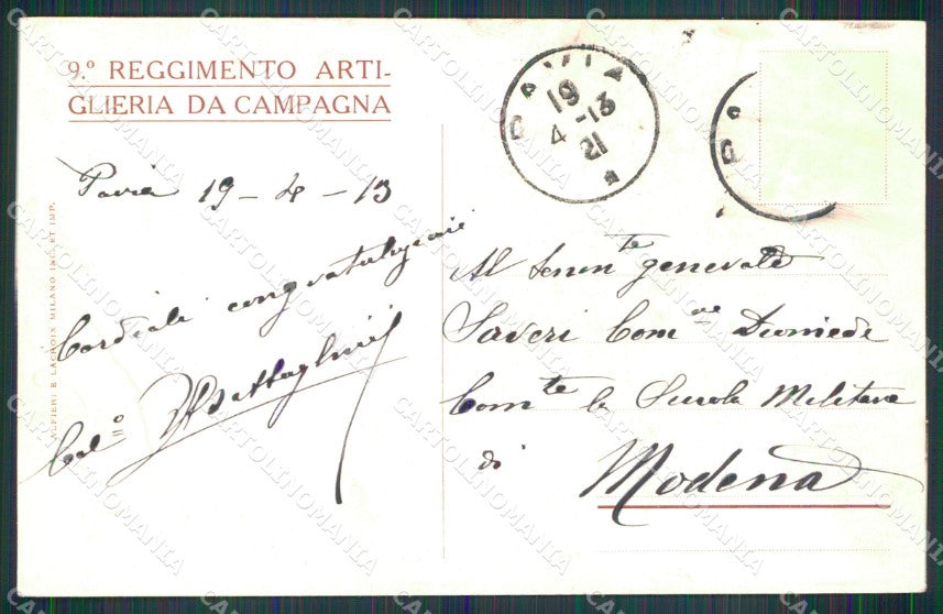 Militari 9° Reggimento Artiglieria da Campagna 1913 Pavia cartolina XB6292 – retro