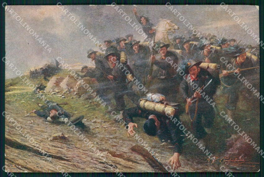 WW1 WWI Propaganda Monte Nero Bersaglieri Campestrini PIEGATA cartolina XB6857 – fronte