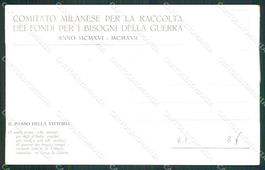 WW1 WWI Propaganda Italiana Passo della Vittoria Milano R. P. cartolina XB6893 – retro