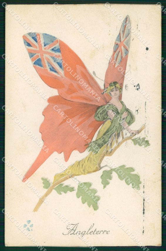 WW1 French Propaganda Angleterre Flag Butterfly Lady CREASED cartolina XB6906 – fronte