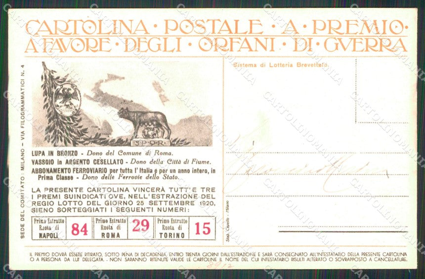 WW1 WWI Propaganda Lotteria Pro Orfani Guerra Castiglioni cartolina XB6957 – retro