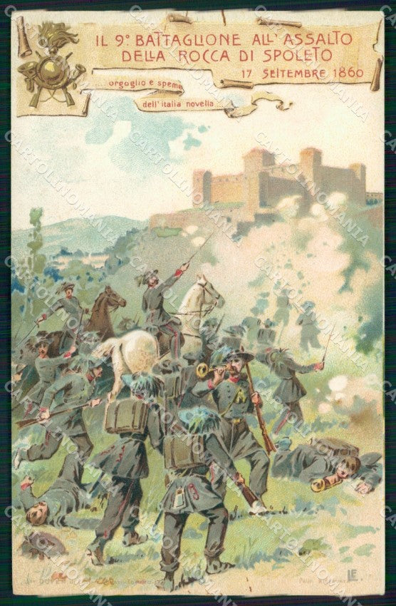 Militari 9° Battaglione Bersaglieri Assalto Rocca Spoleto cartolina XB7106 – fronte