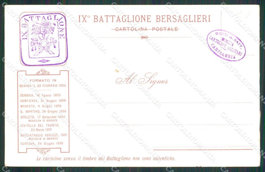Militari 9° Battaglione Bersaglieri Assalto Rocca Spoleto cartolina XB7106 – retro