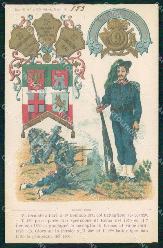 Militari 9° Reggimento Bersaglieri Bari 153/200 cartolina XB7107 – fronte