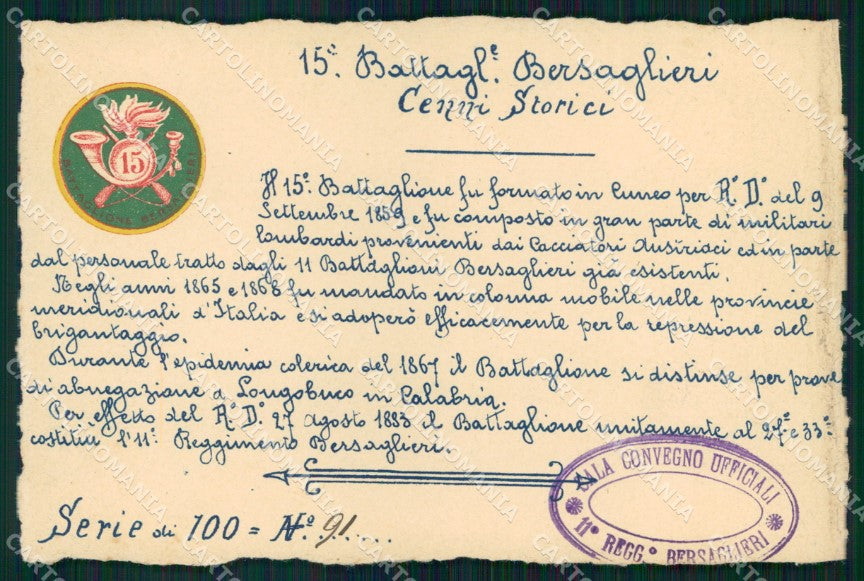 Militari 11° Reggimento 15° Battaglione Bersaglieri 91/100 cartolina XB7120 – fronte