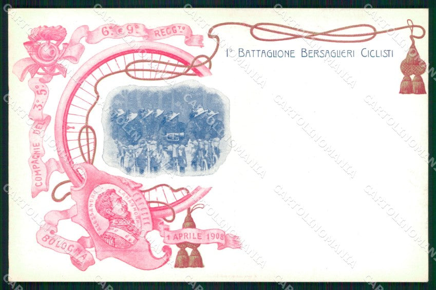Militari 3° 5° 6° 9° Regg. 1° Batt. Bersaglieri Ciclisti cartolina XB7136 – fronte