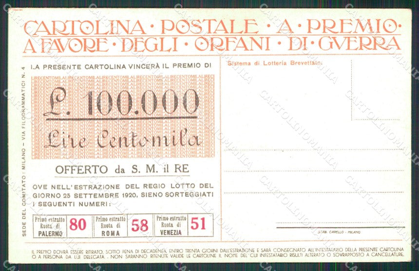 WW1 WWI Propaganda Lotteria Pro Orfani Guerra Castiglioni cartolina XB7151 – retro