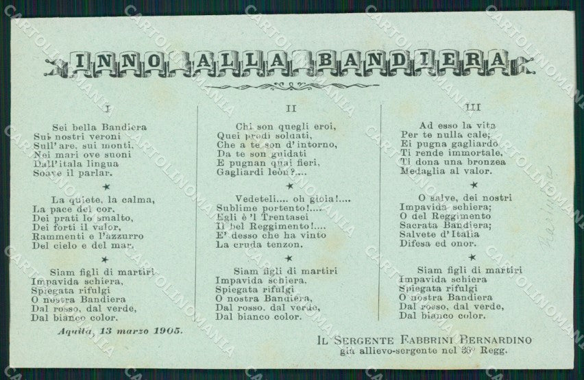 Militari 36º Regg Fanteria Inno Bandiera Messina L'Aquila 1905 cartolina XF0116 – fronte