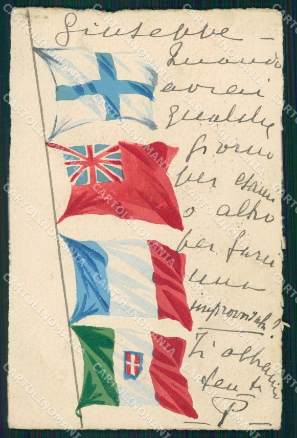 Militari WWI Propaganda Bandiere Alleati Flags Dipinta a Mano cartolina XF0411 – fronte