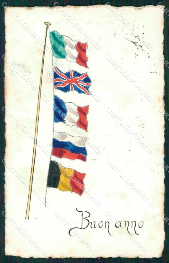 Militari WWI Propaganda Bandiere Alleati Flags Dipinta a Mano cartolina XF0412 – fronte