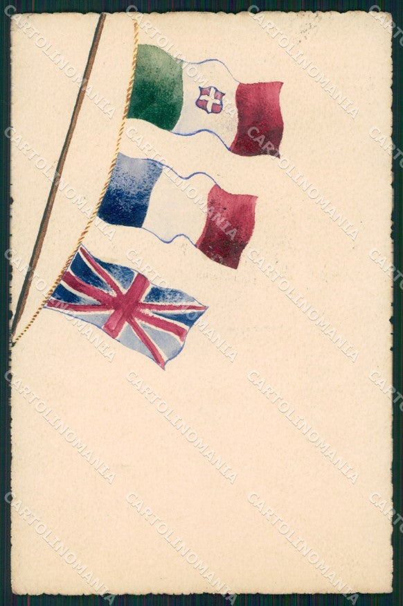 Militari WWI Propaganda Bandiere Alleati Flags Dipinta a Mano cartolina XF0426 – fronte