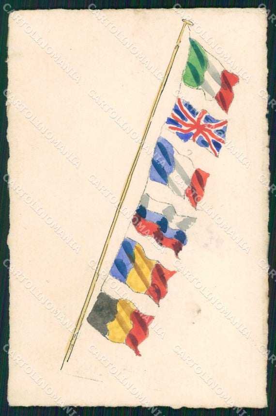 Militari WWI Propaganda Bandiere Alleati Flags Dipinta a Mano cartolina XF0427 – fronte