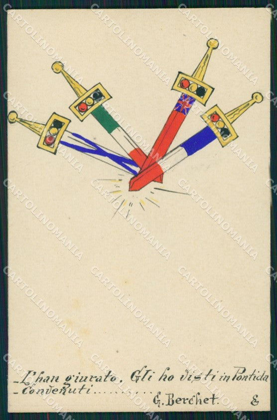Militari WWI Propaganda Bandiere Alleati Flags Dipinta a Mano cartolina XF0428 – fronte