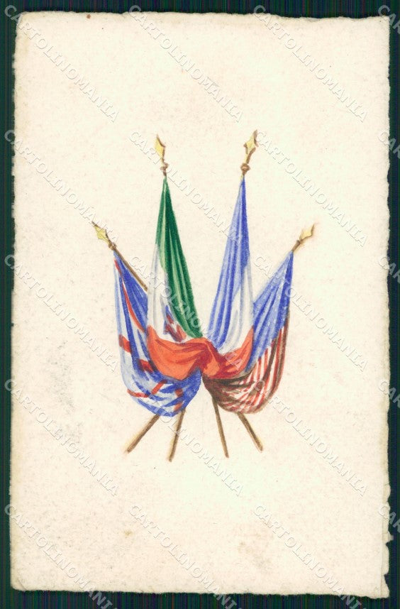 Militari WWI Propaganda Bandiere Alleati Flags Dipinta a Mano cartolina XF0435 – fronte