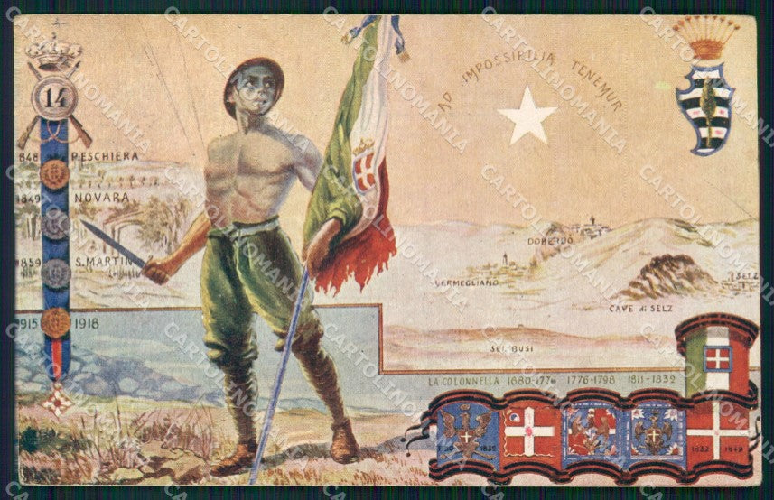 Militari 14º Reggimento Fanteria 1915 1918 Medaglia Oro 1926 cartolina XF0654 – fronte