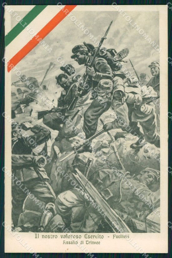 Militari Propaganda WWI Fucilieri Trincee Tricolore Polli cartolina XF0678 – fronte