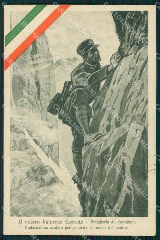 Militari Propaganda WWI Artiglieria da Montagna Tricolore PIEGA cartolina XF0832 – fronte