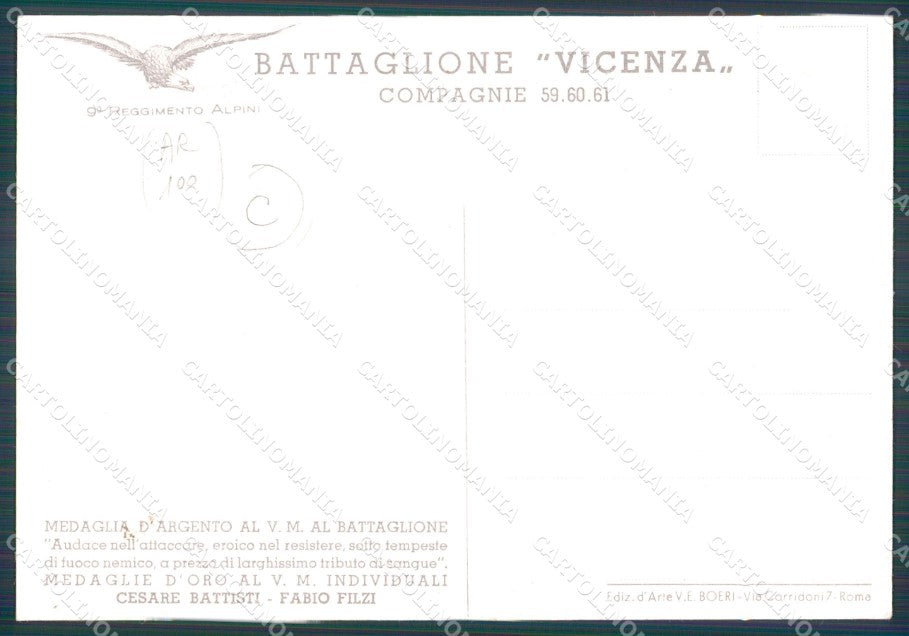Militari IX Reggimento Alpini Battaglione Vicenza Boeri FG cartolina XF0873 – retro