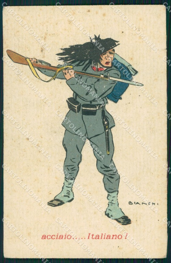 Militari Bersaglieri Acciaio Italiano Bianchi STRAPPINO FORI cartolina XF1016 – fronte