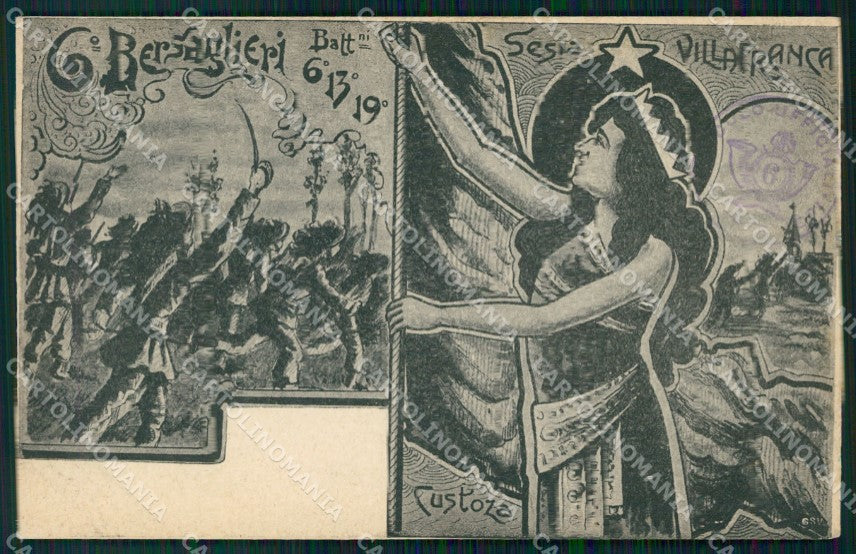 Militari VI Reggimento Bersaglieri Sesia Villafranca Custoza cartolina XF1084 – fronte