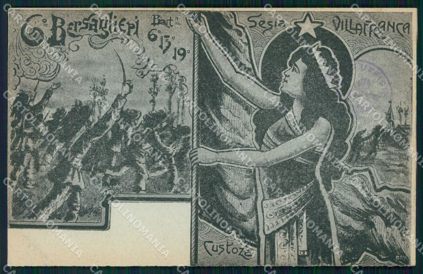 Militari VI Reggimento Bersaglieri Sesia Villafranca Custoza cartolina XF1086 – fronte