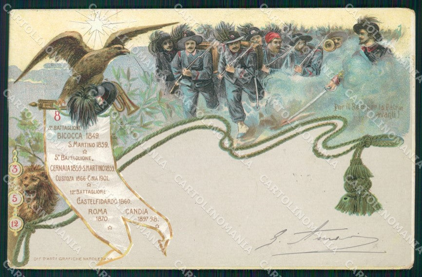 Militari VIII Reggimento Bersaglieri III V 12º Battaglione cartolina XF1246 – fronte