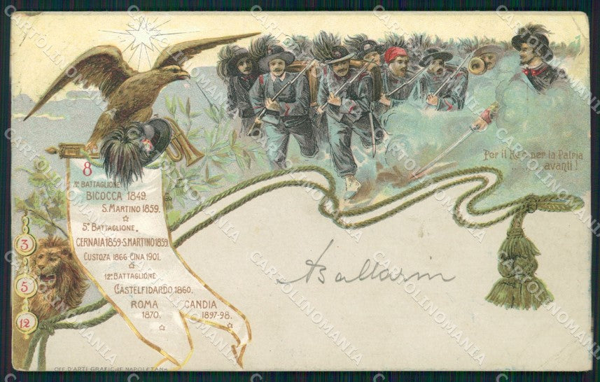 Militari VIII Reggimento Bersaglieri III V 12º Batt PIEGHINE cartolina XF1248 – fronte