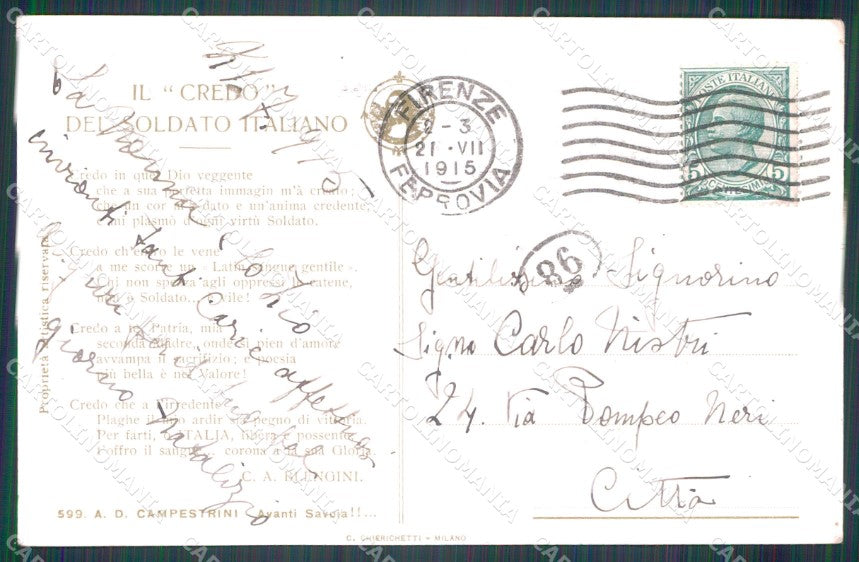 Militari Propaganda WWI Bersaglieri Credo del Soldato cartolina XF1346 – retro