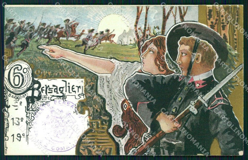 Militari VI Reggimento Bersaglieri 6º 13º 19º Battaglione cartolina XF1442 – fronte