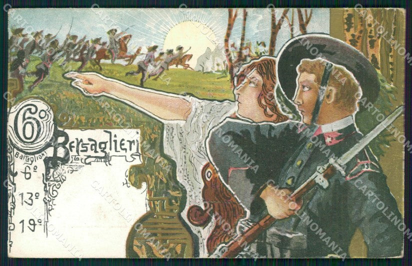 Militari VI Reggimento Bersaglieri 6º 13º 19º Battaglione cartolina XF1443 – fronte