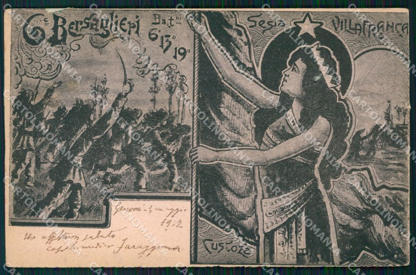 Militari VI Reggimento Bersaglieri Sesia Villafranca Custoza cartolina XF1528 – fronte