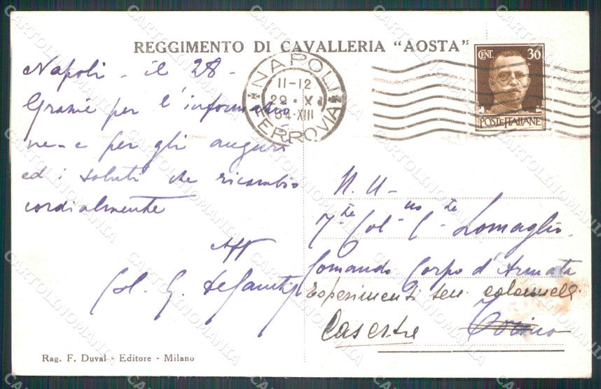 Militari Reggimentali VI Lancieri di Aosta Duval 1934 cartolina XF2134 – retro