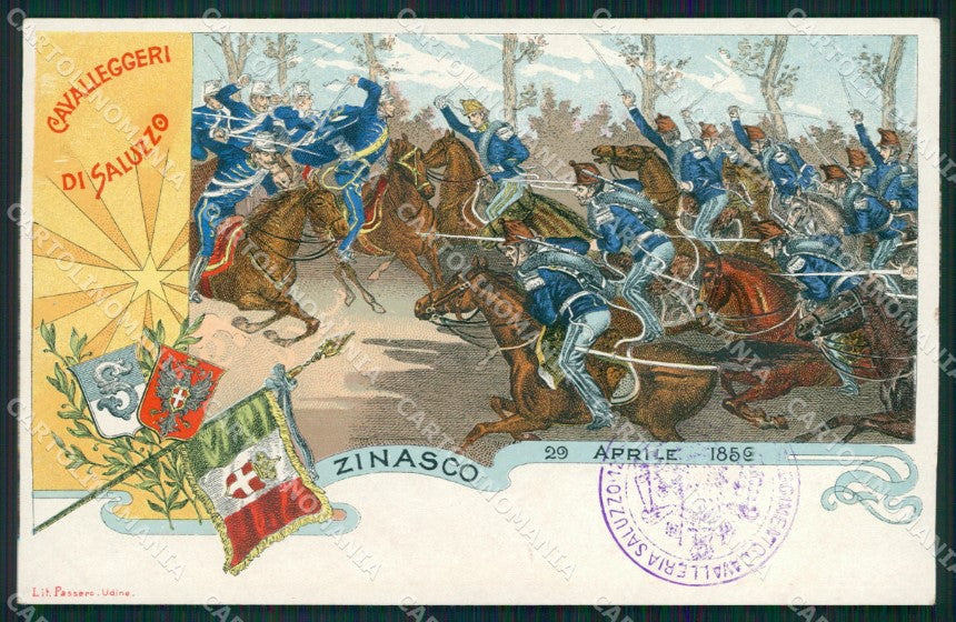 Militari XII Reggimento Cavalleggeri di Saluzzo Zinasco cartolina XF2307 – fronte