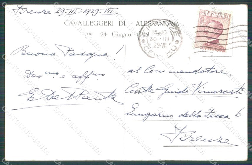 Militari XIV Reggimento Cavalleggeri di Alessandria 1928 Cervi cartolina XF2433 – retro