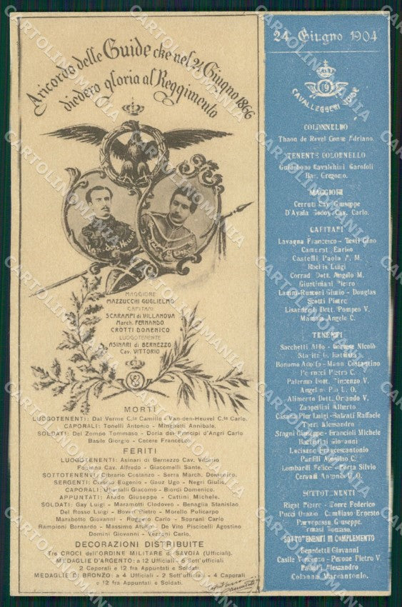 Militari XIX Reggimento Cavalleggeri Guide Anniversario Custoza cartolina XF2548 – fronte