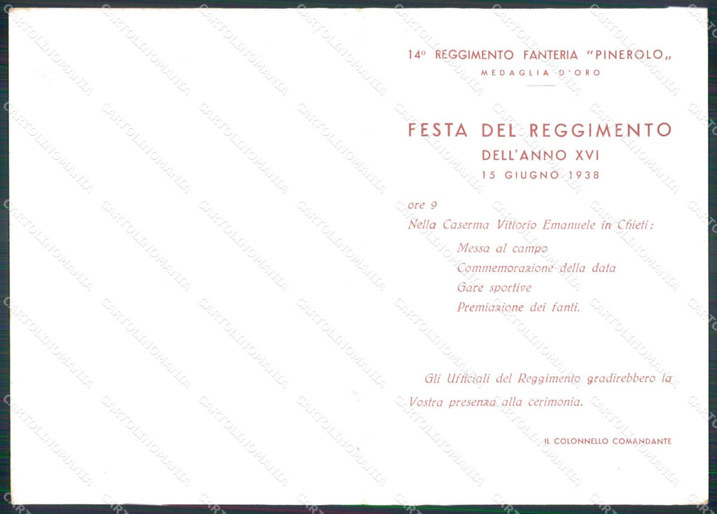 Militari 14º Reg Fanteria Pinerolo cartoncino doppio FG formato cartolina XF3044 – retro
