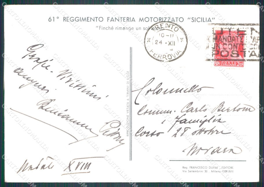 Militari 61º Reggimento Fanteria Motorizzato Sicilia PIEGA FG cartolina XF3797 – retro