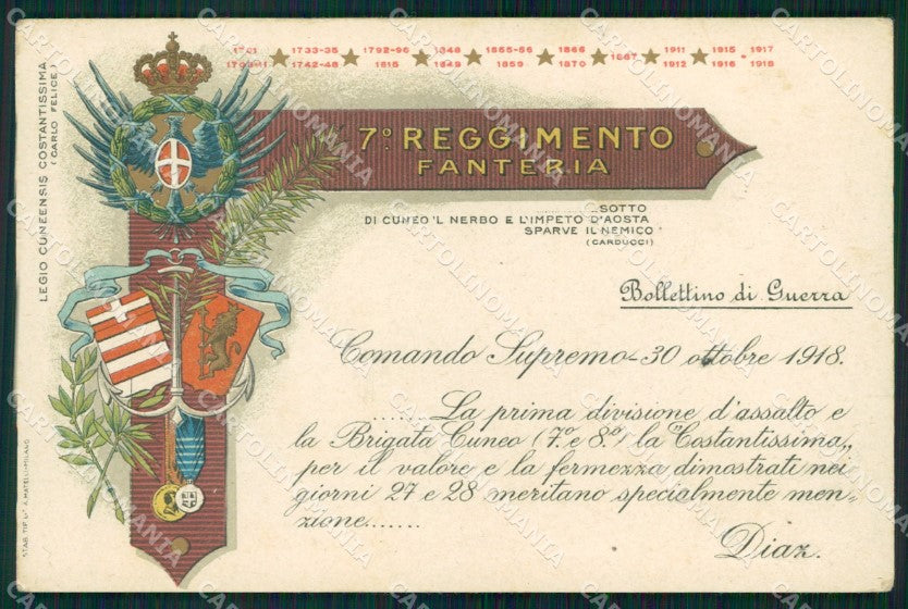 Militari Reggimentali VII° Reggimento Fanteria 1918 Diaz cartolina XF4300 – fronte