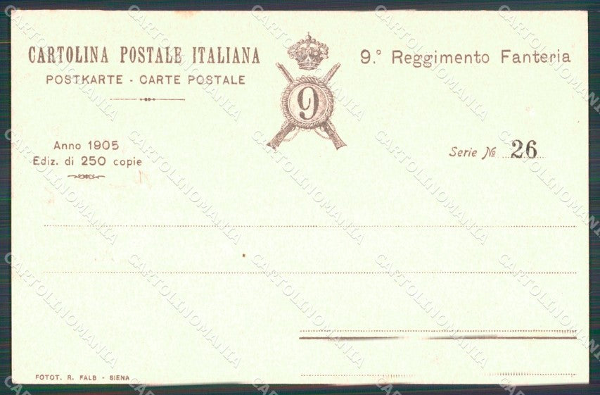 Militari Reggimentali IX° Reggimento Fanteria 1905 serie 26/250 cartolina XF4328 – retro