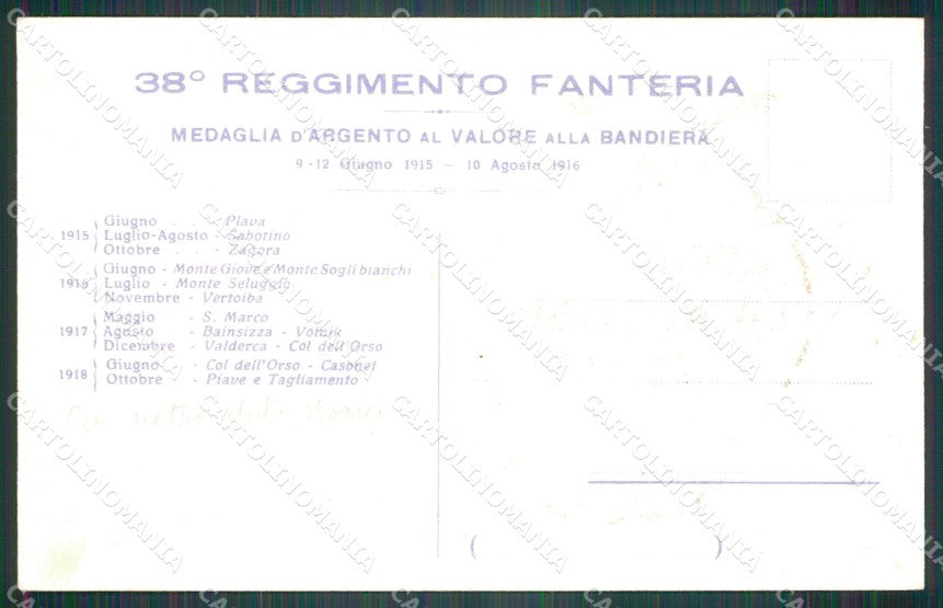 Militari Reggimentali 38º Reggimento Fanteria 1918 cartolina XF4892 – retro