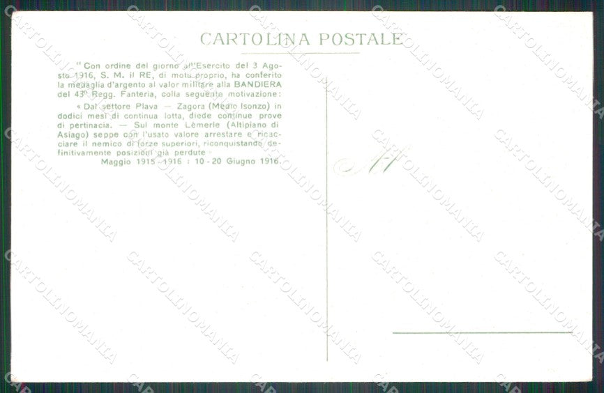 Militari 43º Reggimento Fanteria Sabotino Monte Lemerle 1916 cartolina XF4927 – retro