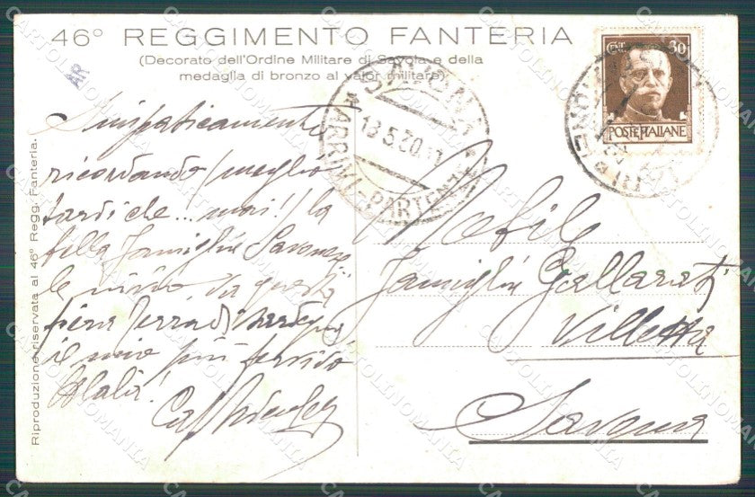 Militari Reggimentali 46º Reggimento Fanteria PIEGATA cartolina XF4943 – retro