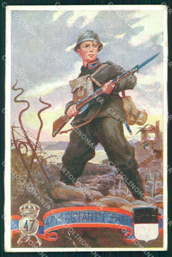 Militari Reggimentali 47º Reggimento Fanteria Ferrara PIEGATA cartolina XF4956 – fronte