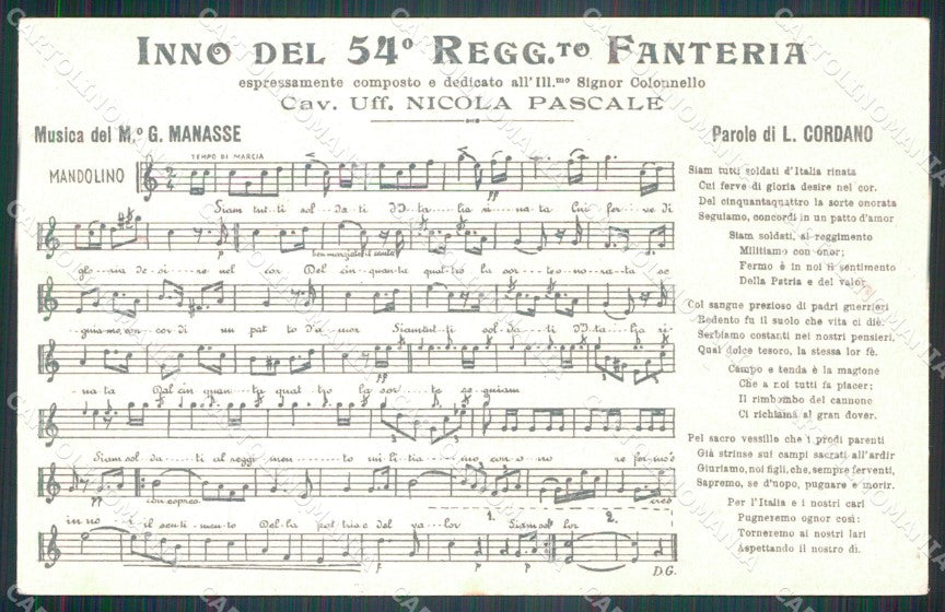 Militari Reggimentali 54º Reggimento Fanteria Inno Spartito cartolina XF5048 – retro