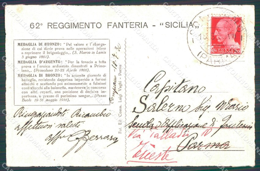 Militari Reggimentali 62º Reggimento Fanteria Sicilia cartolina XF5198 – retro