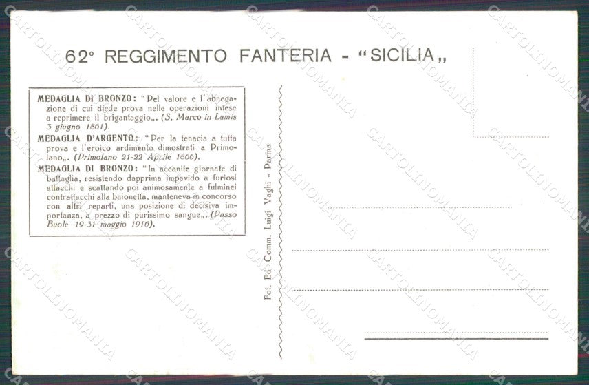 Militari Reggimentali 62º Reggimento Fanteria Sicilia cartolina XF5199 – retro